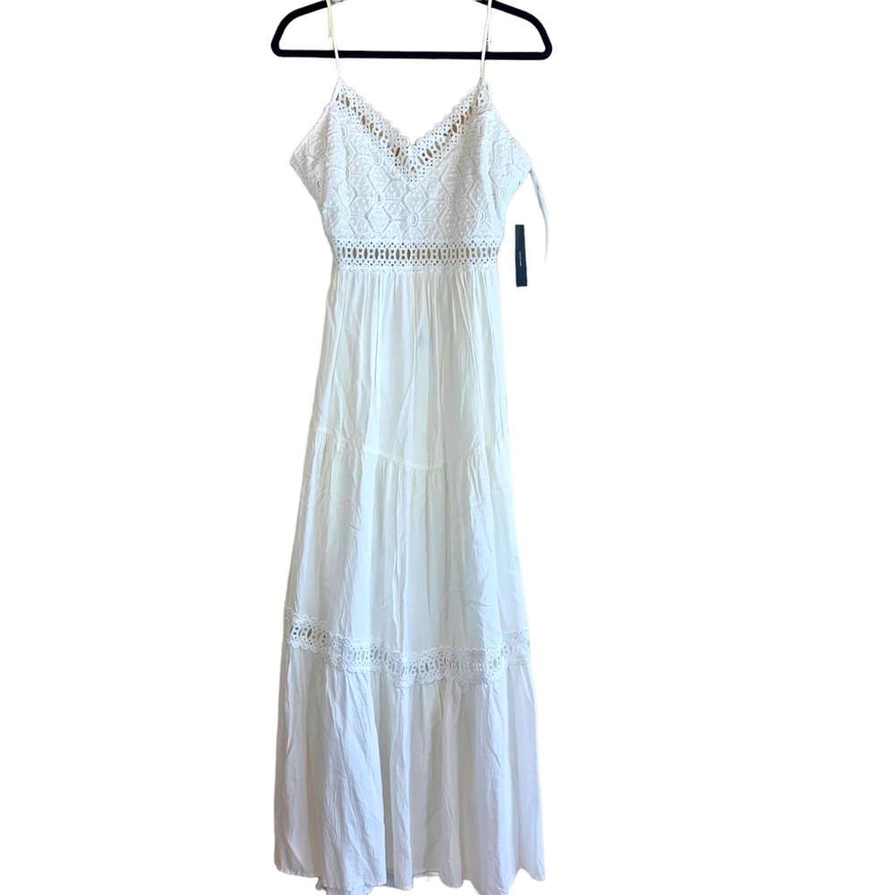 Lulu’s Sleeveless Backless Lace Cutout Maxi Dress White Rayon Boho Bridal